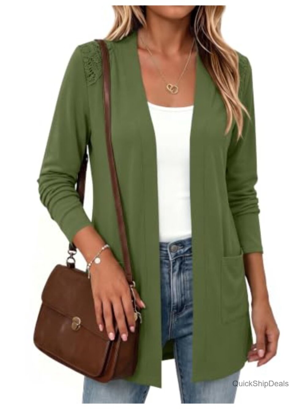 Womens Lightweight Open Front Cardigan Long Sleeve Lace Shoulder Sweater
